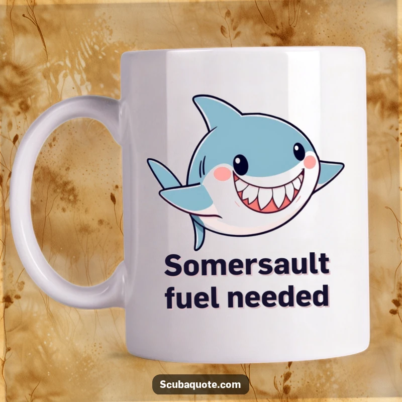 Funny mug with a playful shark doing a somersault underwater with a friendly grin, celebrating ocean fun and excitement.
