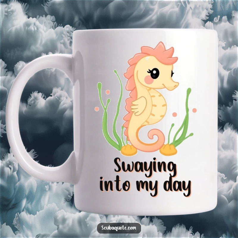 Funny mug featuring a happy seahorse gracefully swimming amidst flowing seaweed, embodying gentle ocean charm and beauty.
