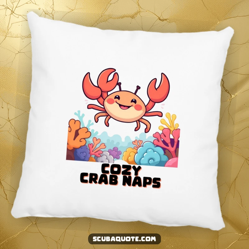 Funny pillow featuring a smiling crab with claws out, exploring a colorful coral reef with a joyful expression.