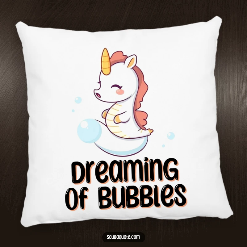 Funny seahorse pillow featuring a tiny seahorse in a fit of giggles, riding a swiftly moving bubble for ultimate comfort and humor.