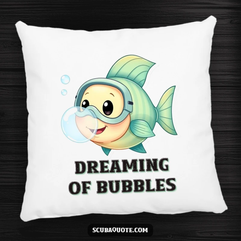 Pillow featuring a happy fish in a diving mask, blowing a bubble, offering soft comfort and aquatic charm.