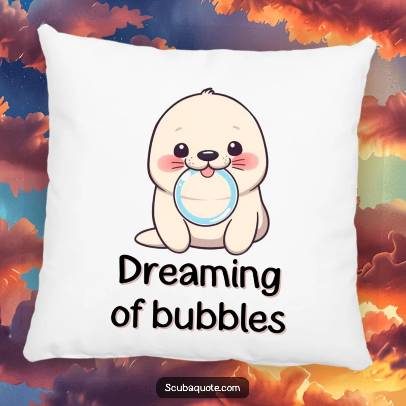 Funny seal pillow with a cute pup blowing a bubble ring, perfect for adding cozy marine humor.