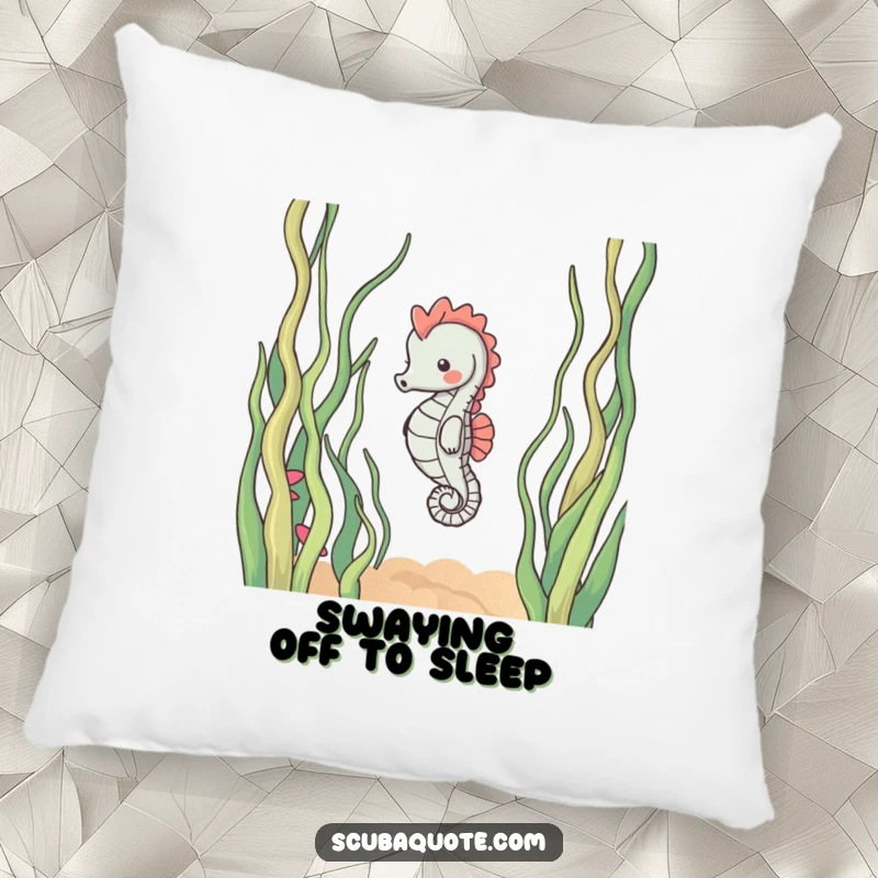 Funny pillow featuring a content seahorse gently drifting amidst swaying seaweed, offering comfort and a touch of serene underwater charm.