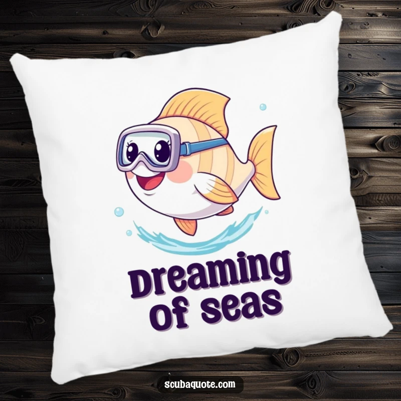 Funny pillow featuring a smiling fish wearing a diving mask, kicking its tail with glee as it navigates underwater.