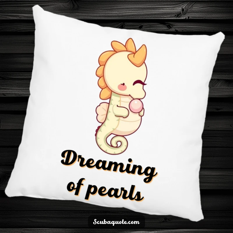 Funny happy seahorse pillow, gently nudging a pearl, offering comfort and serene humor.