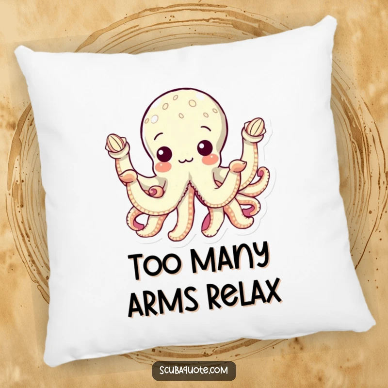 Funny pillow with a curious octopus holding seashells in its eight arms, offering a soft, plush, and humorous touch to any seating area.