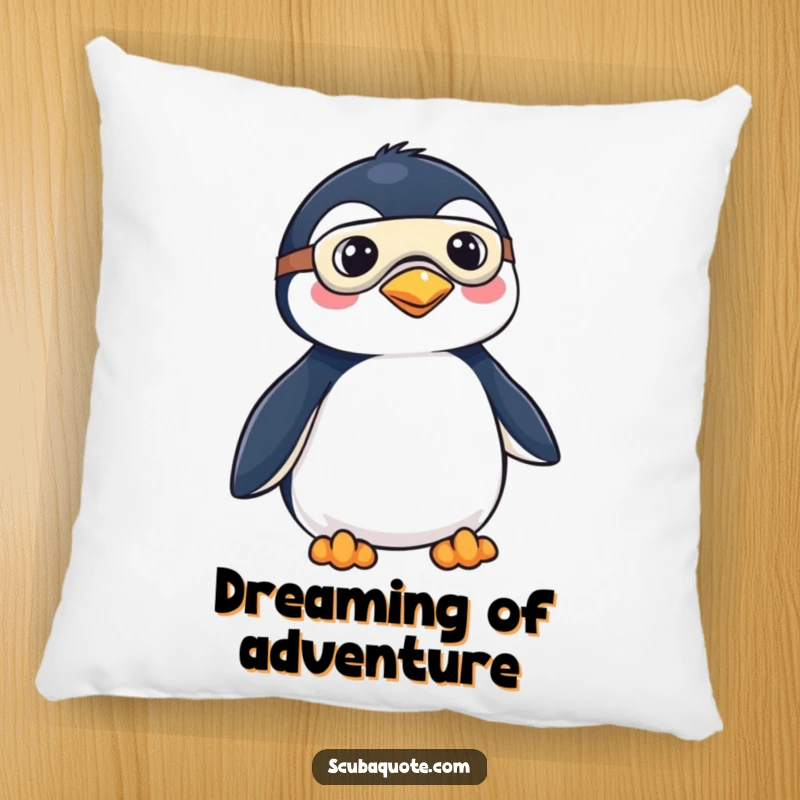Funny pillow showcasing a playful penguin ready for adventure, wearing a mask and fins, offering comfort and a touch of whimsy.