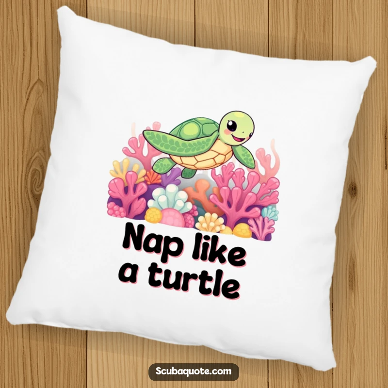 Funny pillow featuring a smiling sea turtle floating happily among vibrant coral, adding comfort and humor.