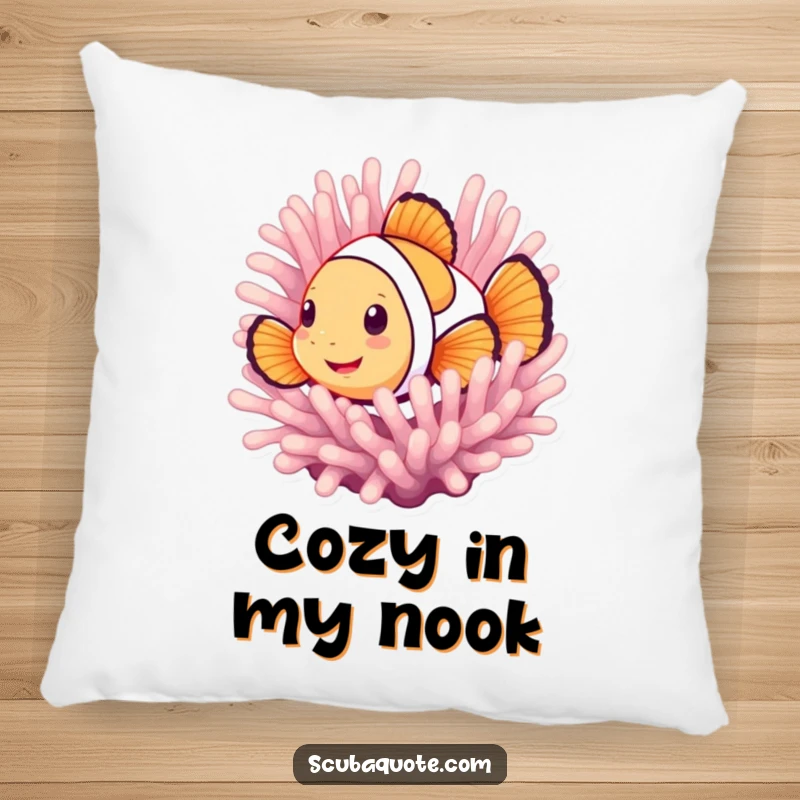 Funny pillow with a smiling clownfish peeking from an anemone, offering soft comfort and a charming underwater aesthetic.