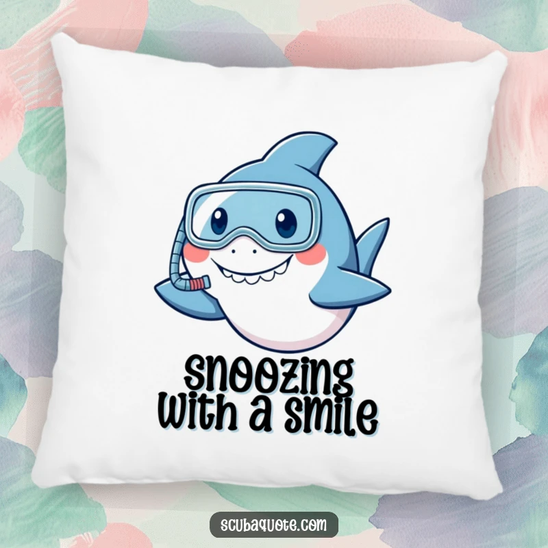 Funny smiling shark pillow wearing a snorkel, offering cuddly comfort and ocean humor.