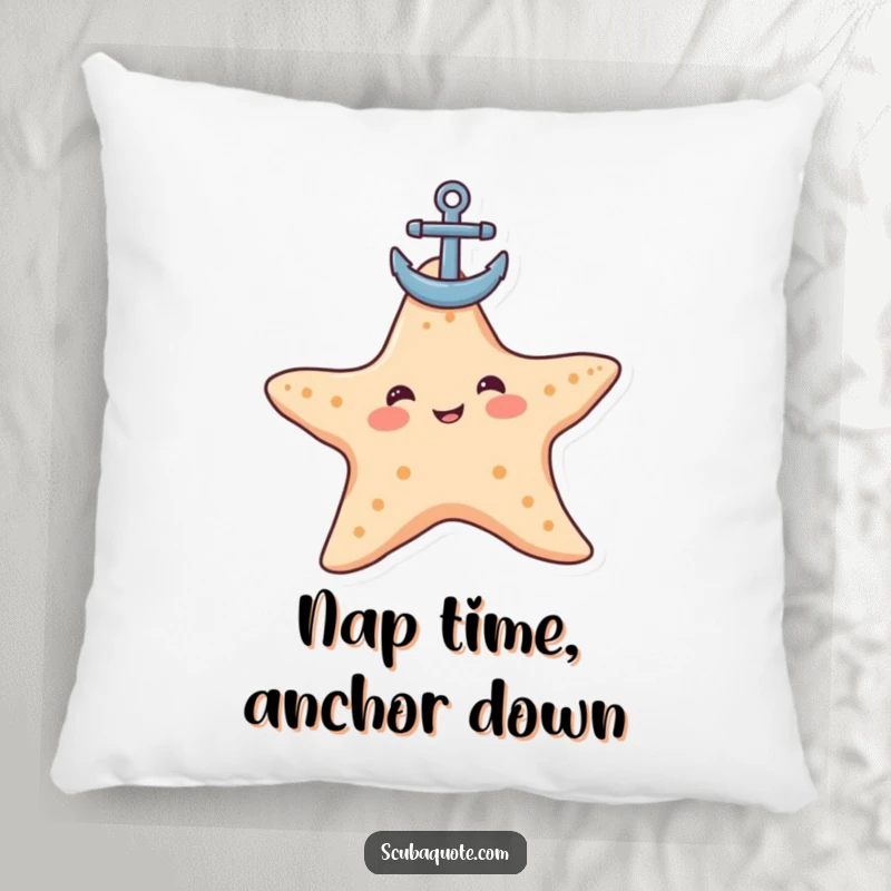 Funny starfish pillow featuring a contented starfish balancing an anchor, offering comfort with a side of hilarious nautical appeal.