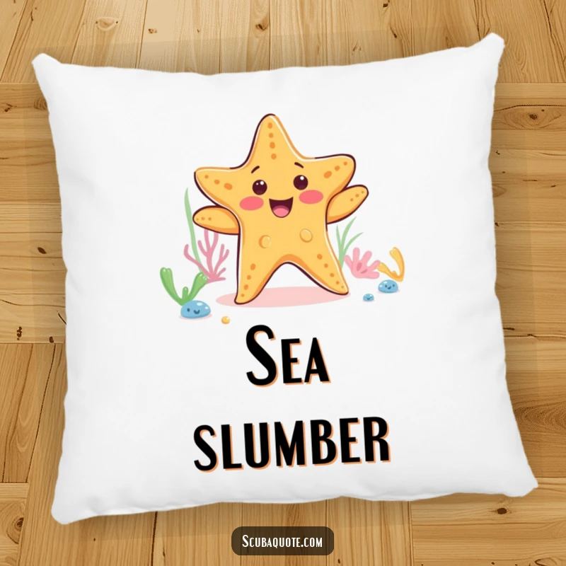 Funny starfish pillow with a happy dancing starfish on the ocean floor, perfect for adding cozy ocean humor.