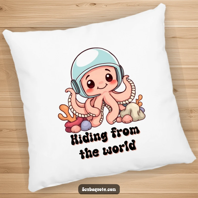 Funny pillow featuring a curious octopus wearing a helmet and hiding behind coral, perfect for cozy, aquatic-themed comfort.