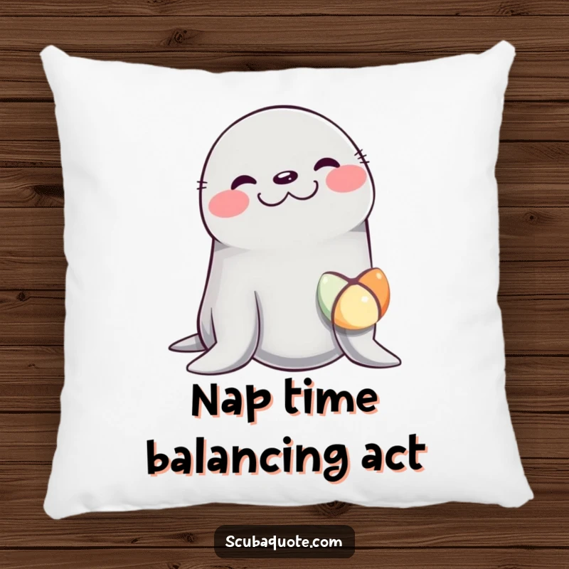 Funny pillow featuring a seal in the throes of laughter, balancing a small, colorful ball on its nose, offering both comfort and humor.