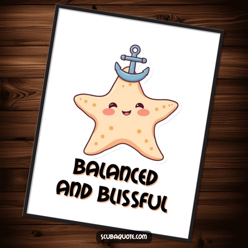 Funny starfish digital art print of a contented starfish balancing an anchor, adding serene humor and beachy charm to any space.