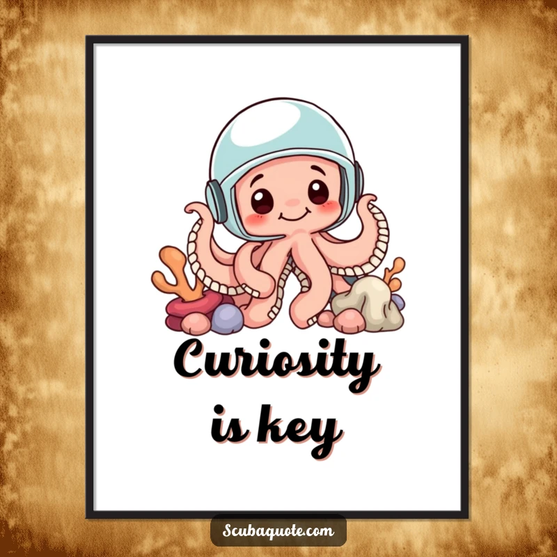 Funny digital art print of a curious octopus in a helmet peeking from coral, offering instant underwater whimsical decor.