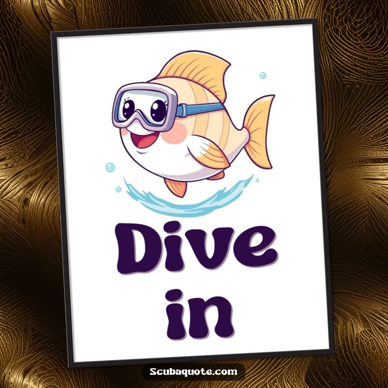 Funny digital art print of an ecstatic fish wearing a diving mask, kicking its tail vigorously while exploring the ocean.