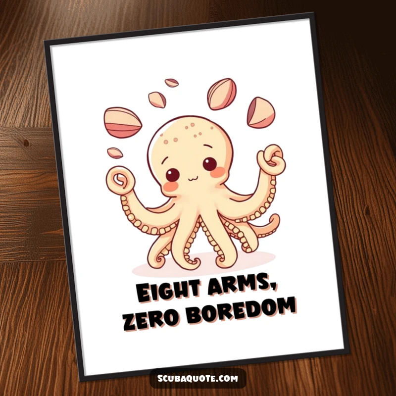 Funny Octopus Digital Art Print: A curious octopus masterfully juggles a vibrant array of shiny shells, bringing joy and humor.
