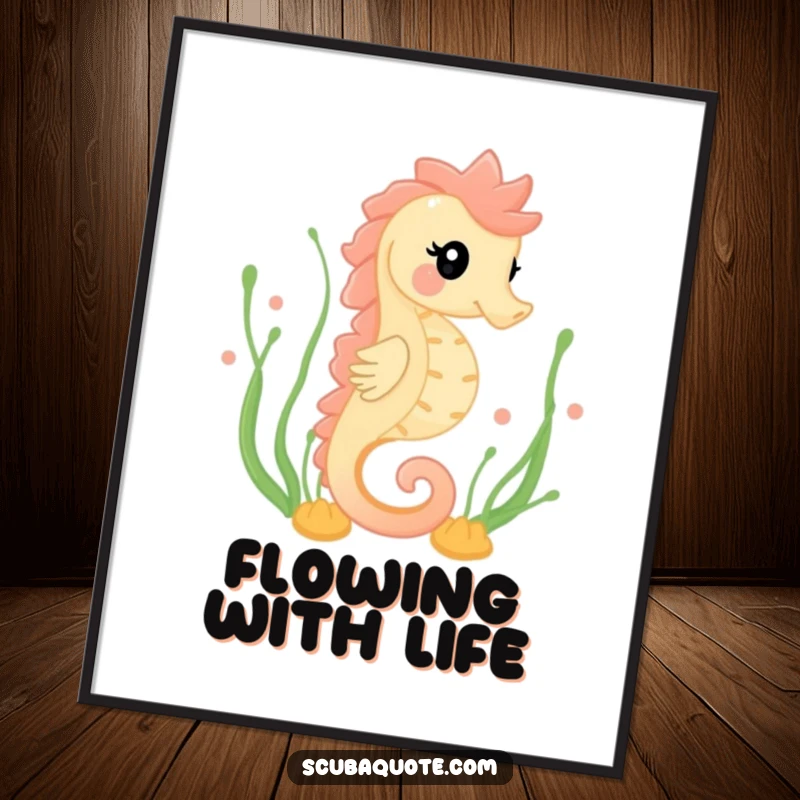 Funny digital art print of a happy seahorse gracefully swimming amidst seaweed, capturing serene beauty and peaceful ocean movement.
