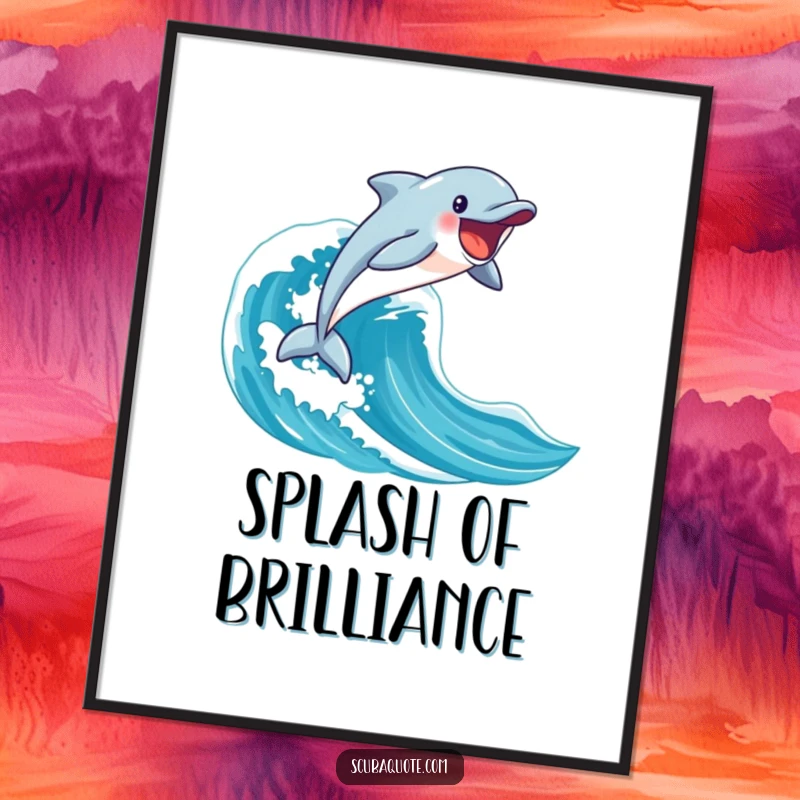 Funny happy dolphin leaping enthusiastically from a blue wave on a digital art print, ready for display.