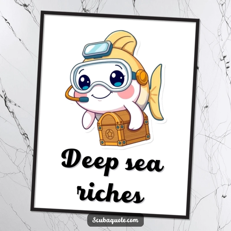 Funny digital art print of a smiling fish character in diving gear with a treasure chest, ready for instant display.