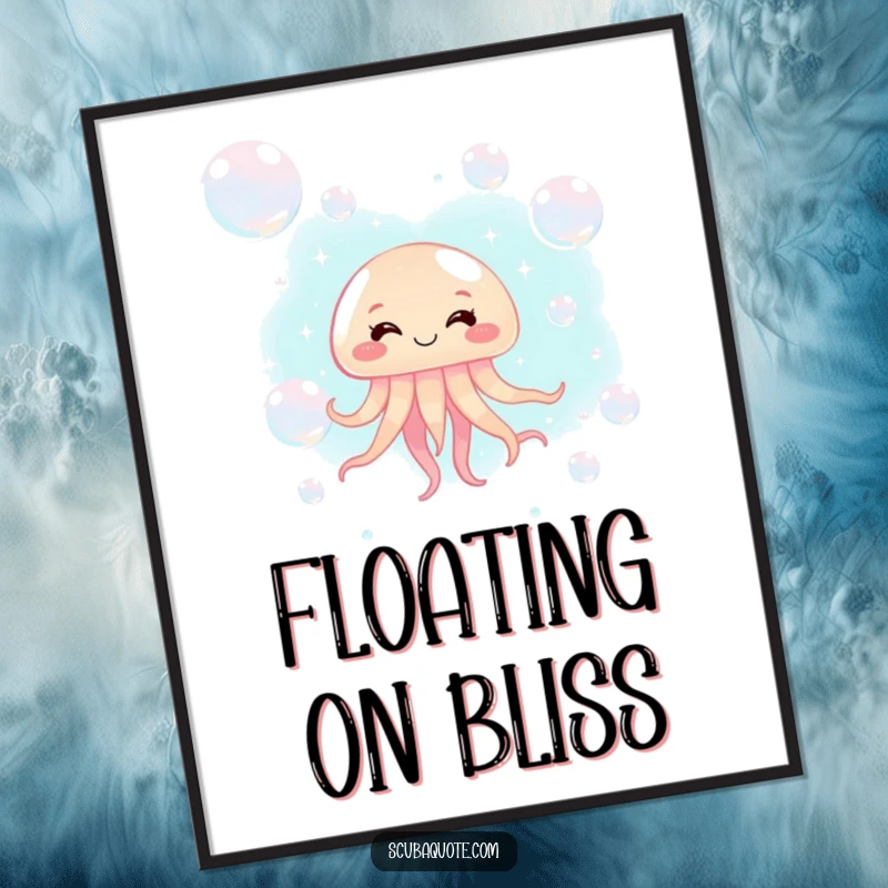 Funny jellyfish digital art print of a giggling jellyfish floating amongst shimmering bubbles, ideal for instant decor.
