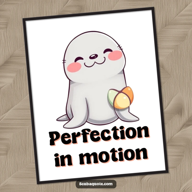 Funny digital art print of a seal gleefully balancing a small, colorful ball on its nose, radiating pure, infectious happiness instantly printable.
