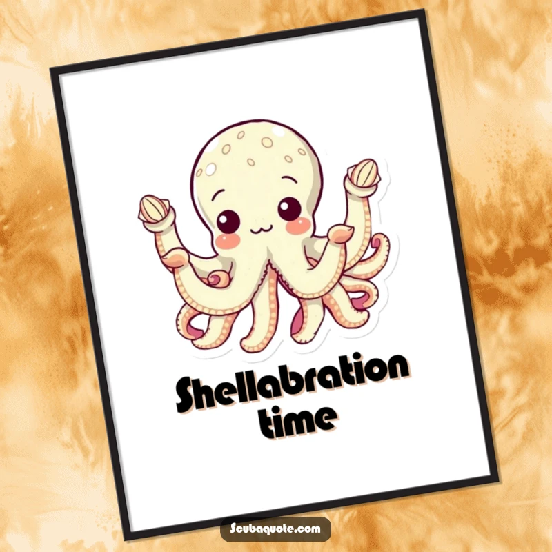 Funny digital art print of a curious octopus holding seashells in its eight arms, perfect for instant download and whimsical, humorous wall decor.
