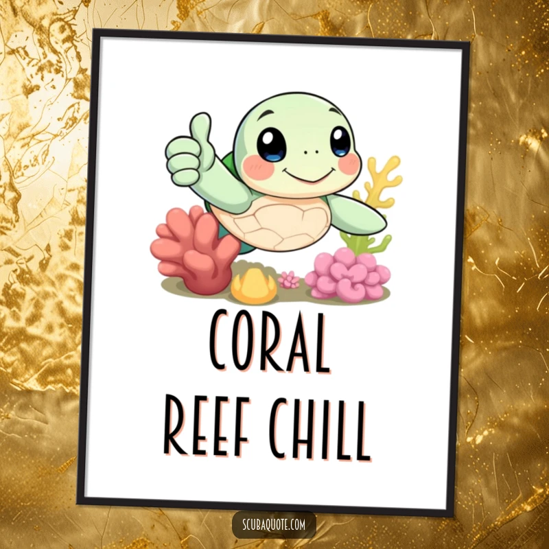 Funny digital art print of a cheerful sea turtle giving a thumbs-up near coral, perfect for instant decor.