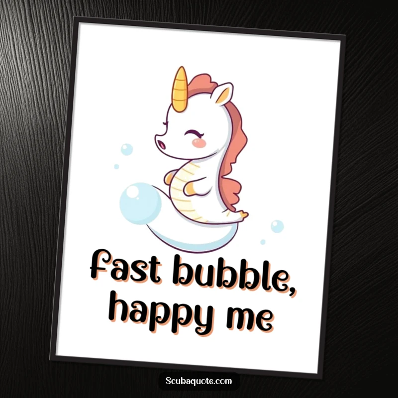 Funny seahorse digital art print of a tiny seahorse giggling while riding a speedy bubble, an instant download for humorous wall decor.
