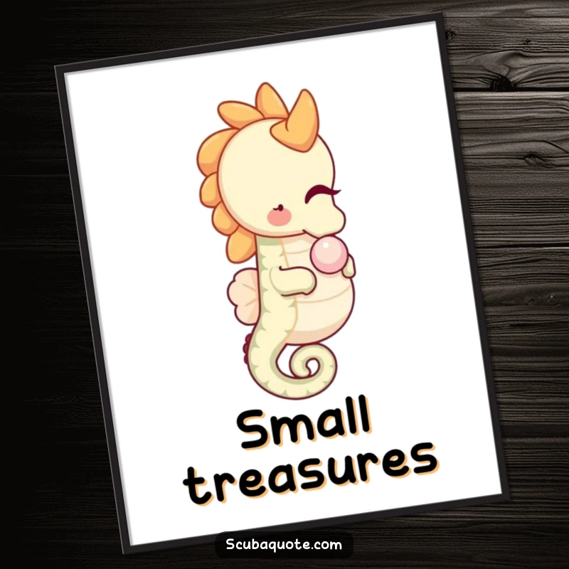 Funny happy seahorse digital art print, gently nudging a pearl, perfect for gentle humorous decor.
