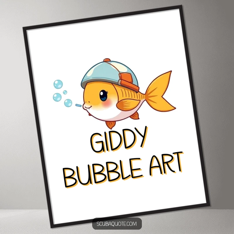 Funny digital art print of a giddy goldfish wearing a tiny helmet, blowing bubbles, perfect for aquatic-themed decor.
