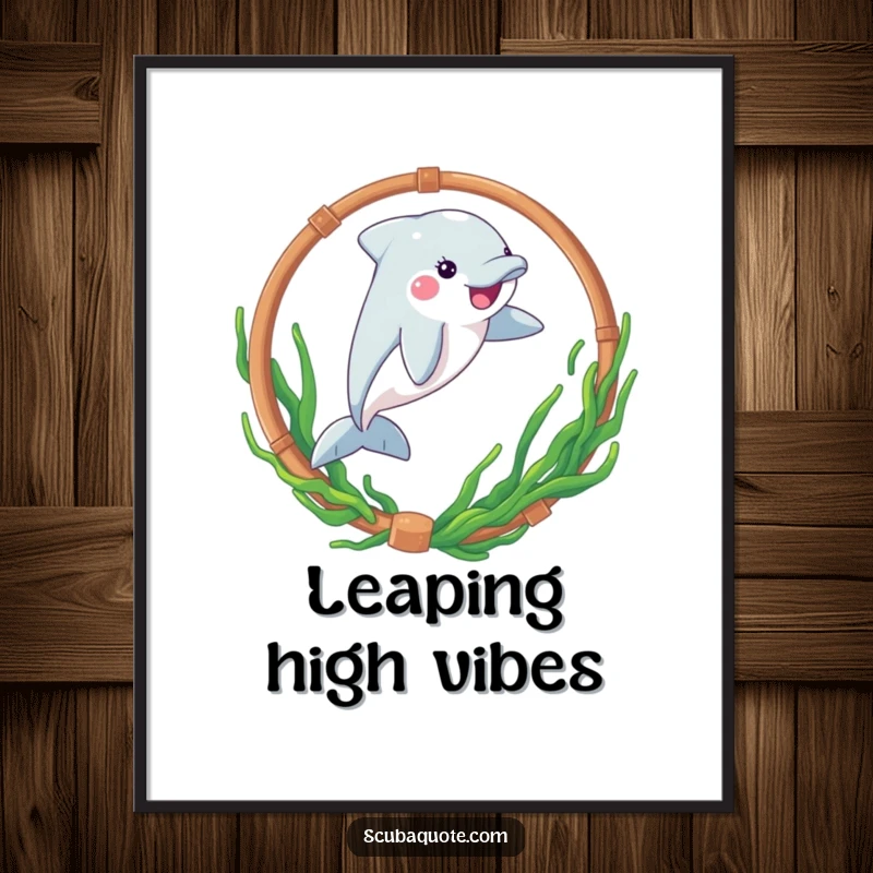 Funny digital art print of a playful dolphin leaping through a seaweed-decorated hoop, perfect for instant decor.