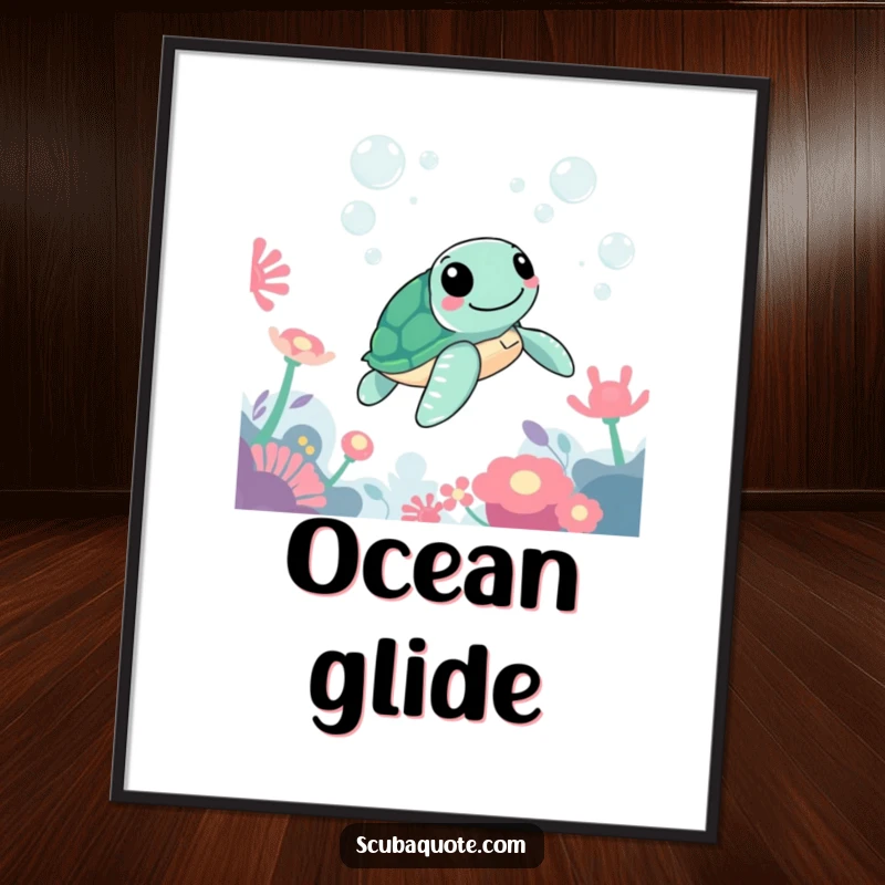 Funny digital art print of a happy sea turtle gliding gracefully past vibrant anemones and playful bubbles.