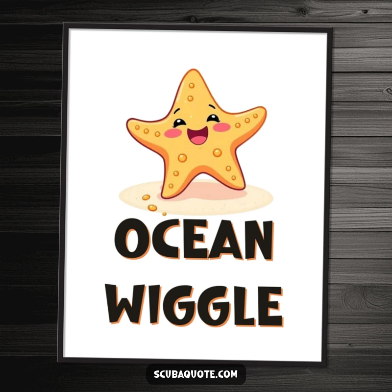 Funny digital art print of a delighted starfish performing a joyful wiggle dance on the sandy ocean floor.