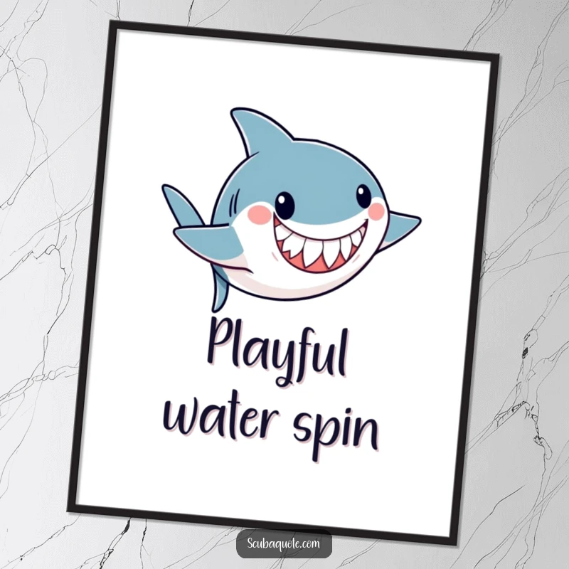 Funny digital art print of a playful shark doing an underwater somersault with a friendly grin, perfect for ocean-themed decor.