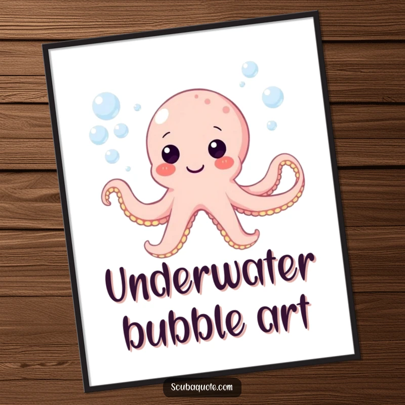 Funny digital art print of a happy octopus character blowing bubbles underwater, perfect for instant wall decor.