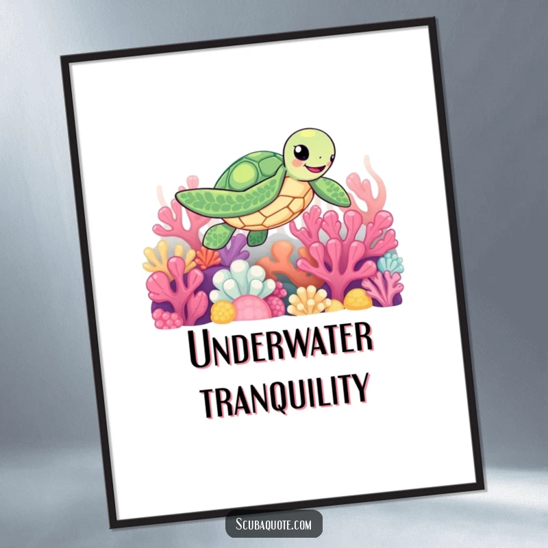 Funny digital art print of a smiling sea turtle navigating a lush, colorful coral reef, ready to download.