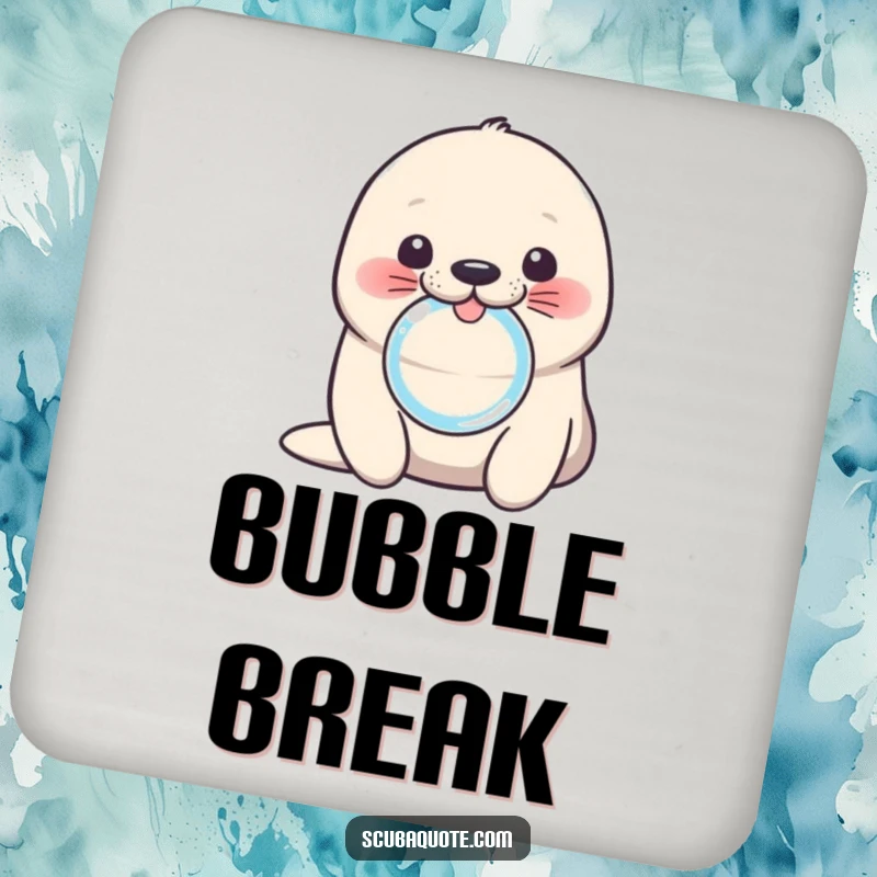 Funny seal coaster with a cute pup blowing a bubble ring, protecting surfaces with marine charm and humor.