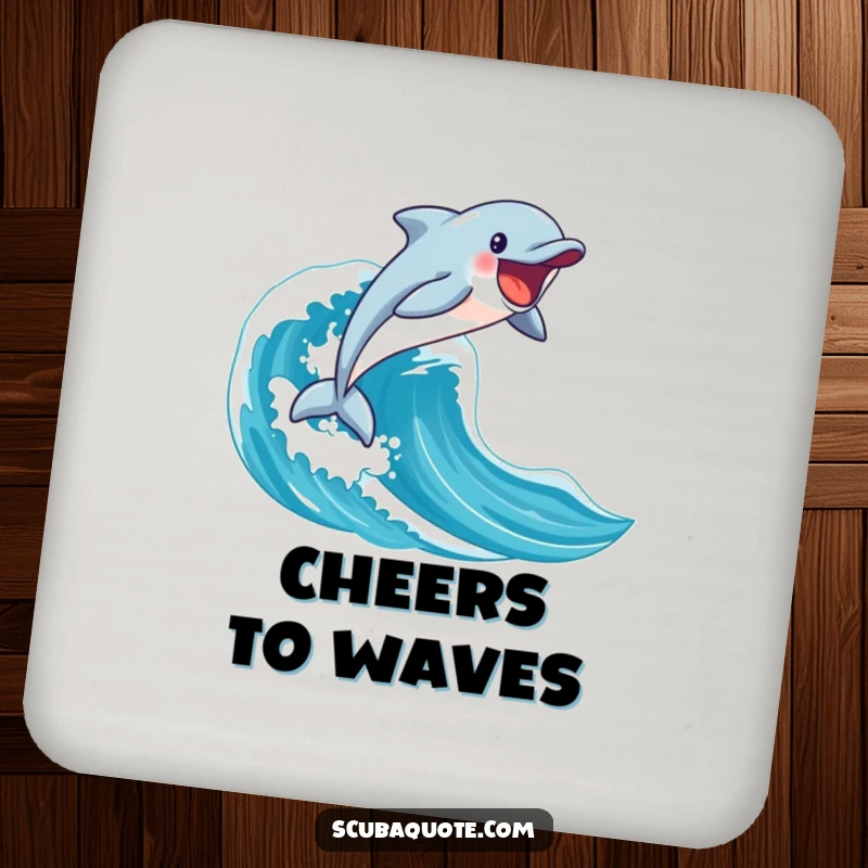 Funny happy dolphin leaping from a blue wave on a drink coaster, adding a splash of oceanic flair.