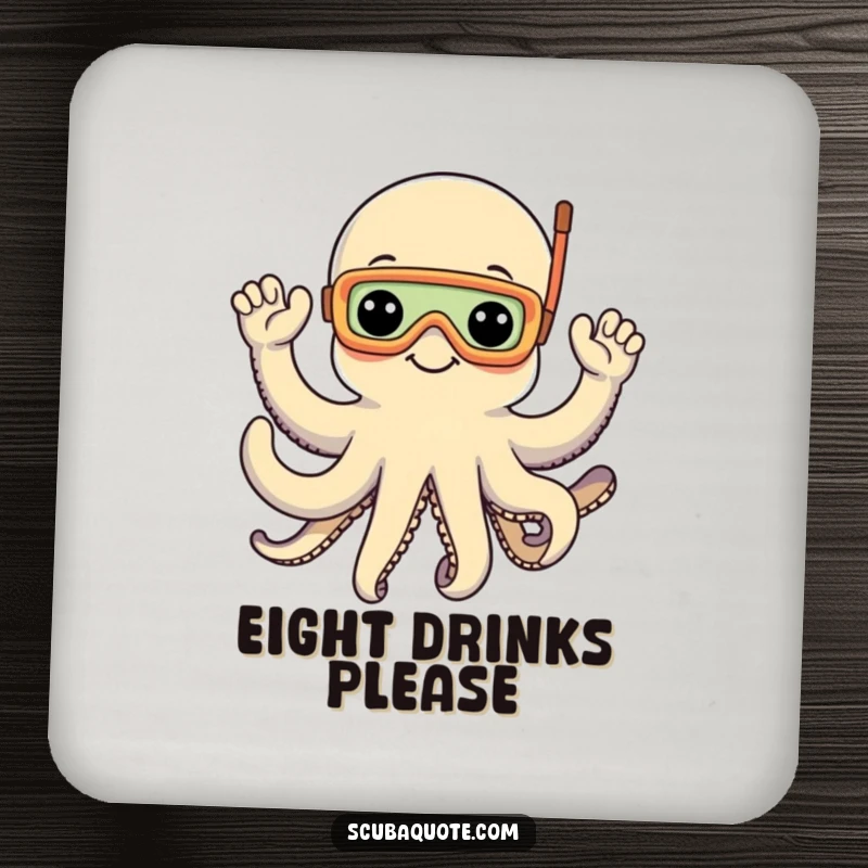 Funny coasters with a happy octopus in a snorkel mask waving all eight arms, adding fun and protection to tables.
