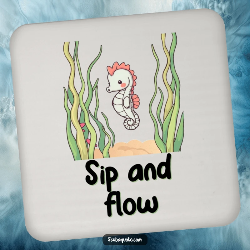 Funny drink coaster featuring a content seahorse gracefully drifting amidst swaying seaweed, protecting your surfaces with oceanic calm.