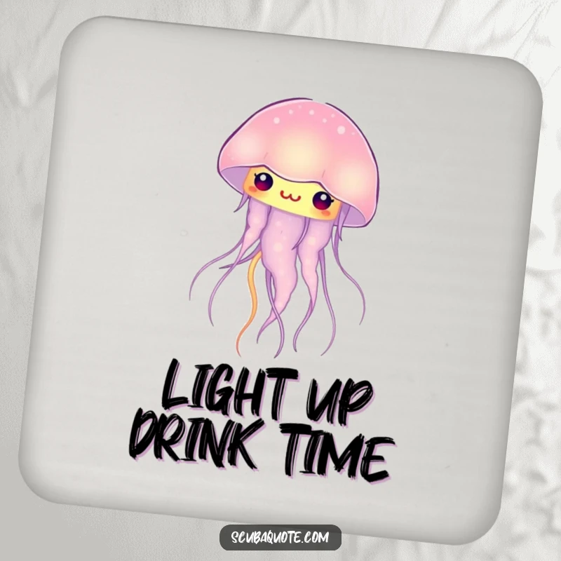 Funny curious jellyfish drink coaster, emitting a soft, internal glow, adding oceanic humor and protection.