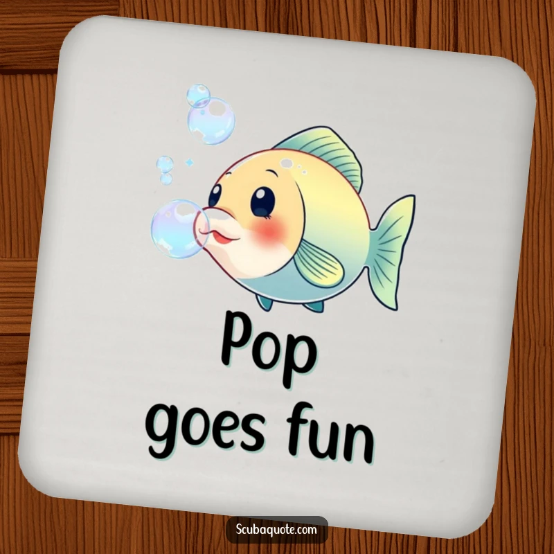 Funny drink coaster with a cheerful fish blowing large, iridescent bubbles, perfect for protecting surfaces with whimsical aquatic charm.
