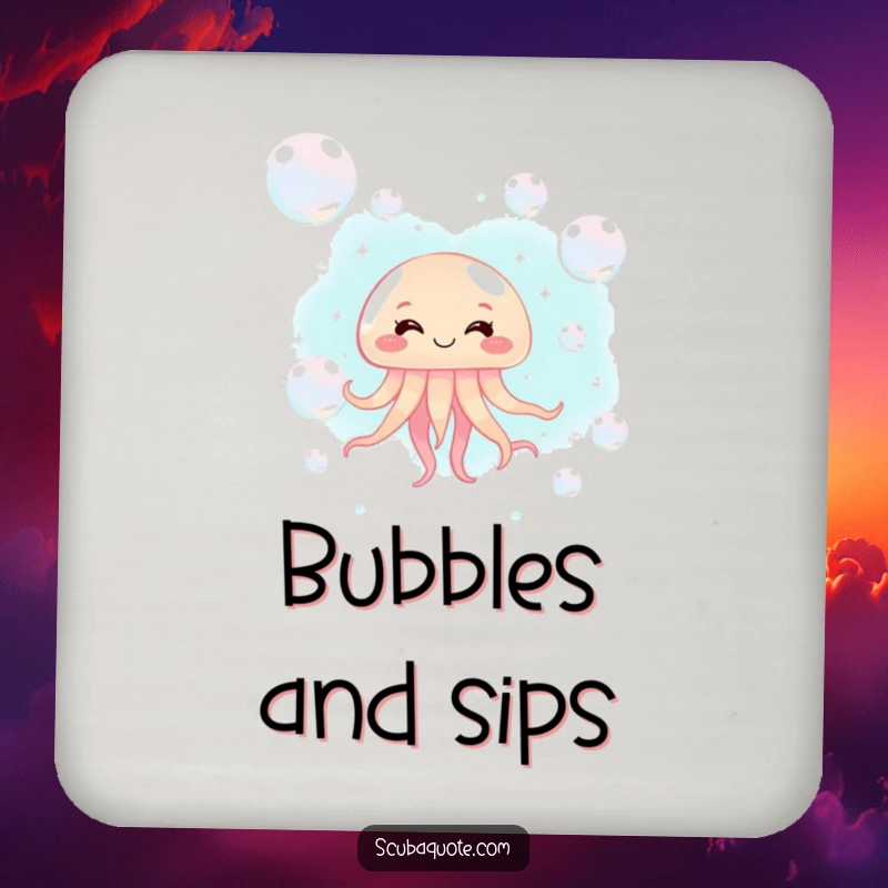 Funny jellyfish drink coaster with a giggling jellyfish and bubbles, perfect for protecting surfaces.