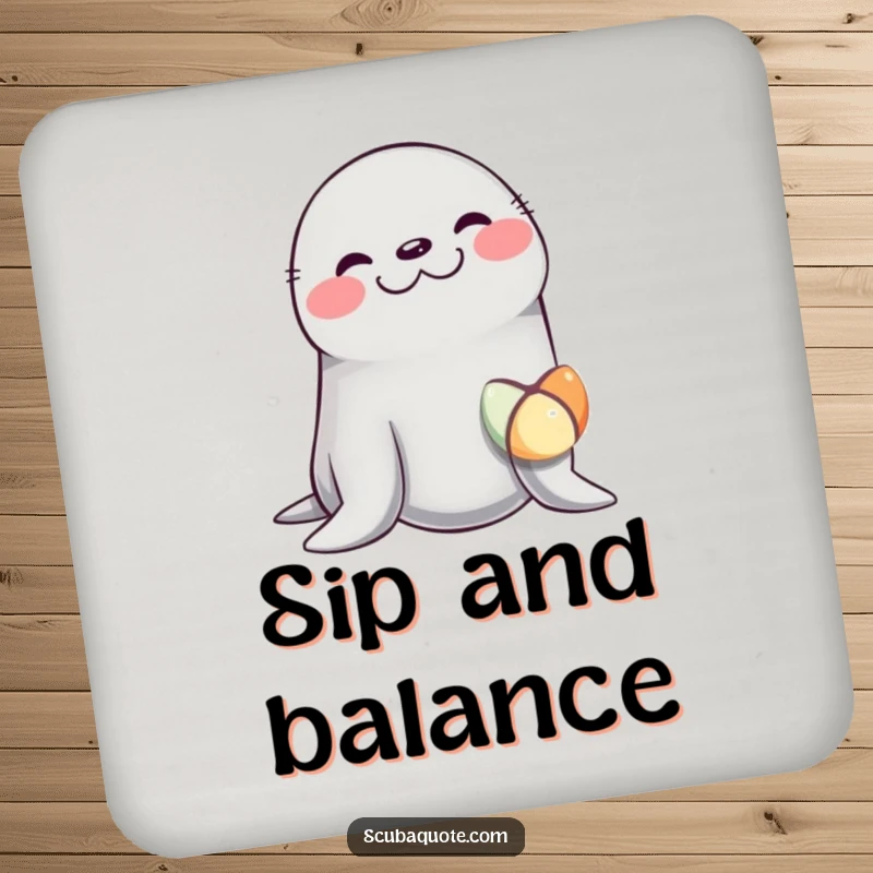 Funny drink coaster featuring a seal giggling while balancing a small, colorful ball on its nose, adding humor to your table.