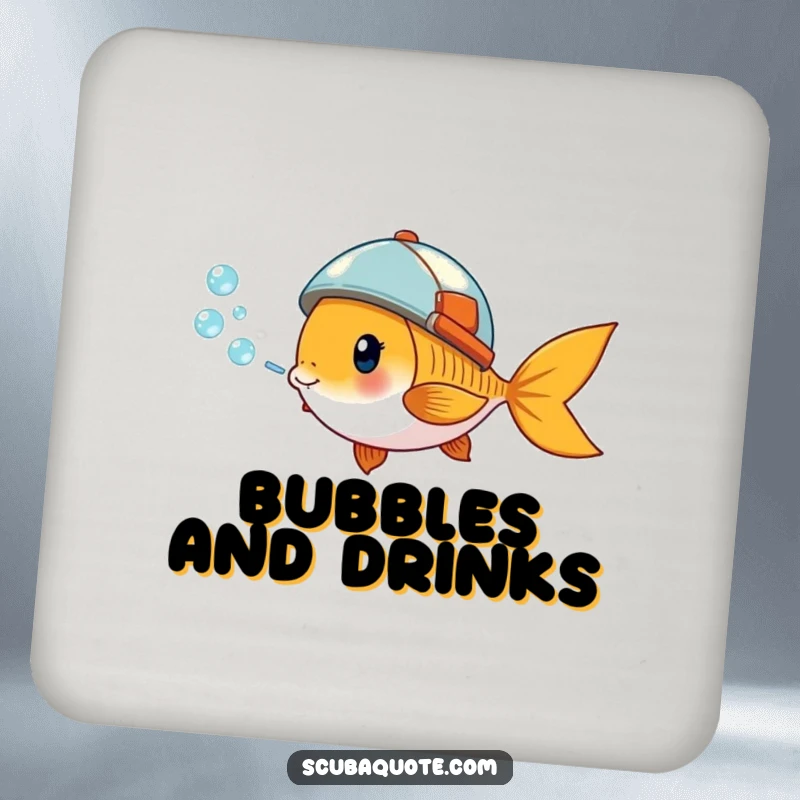 Funny coasters with a giddy goldfish wearing a small helmet, blowing a stream of bubbles, adding fun and protection to tables.