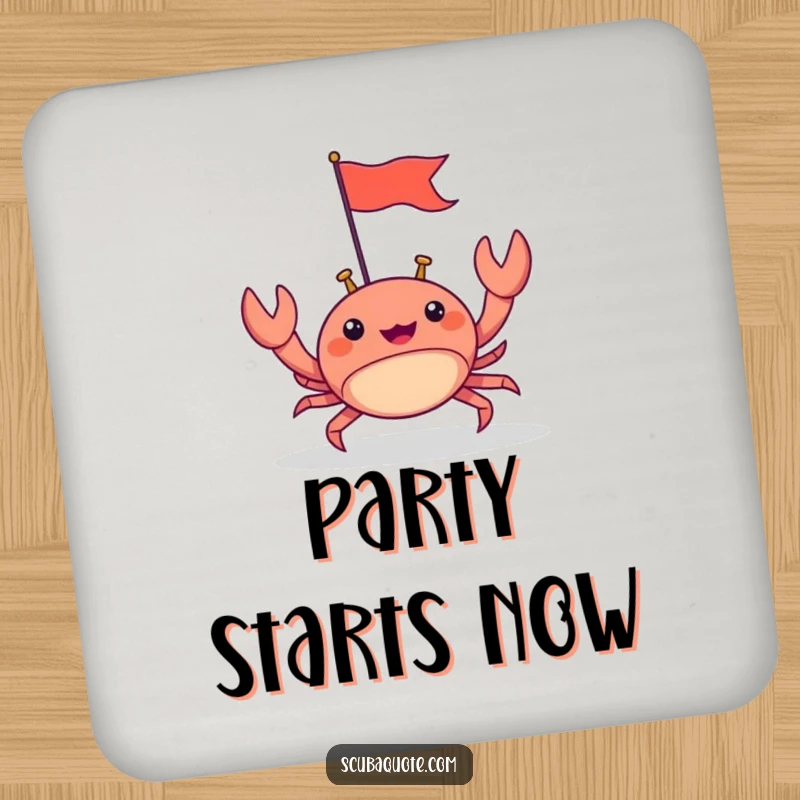 Funny drink coasters featuring a happy crab scuttling forward with a tiny flag, adding a touch of cheerful beachy humor.