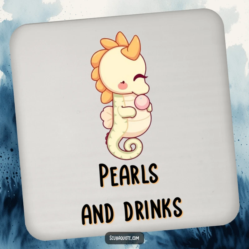 Funny happy seahorse drink coaster, gently nudging a pearl, offering gentle protection and humor.