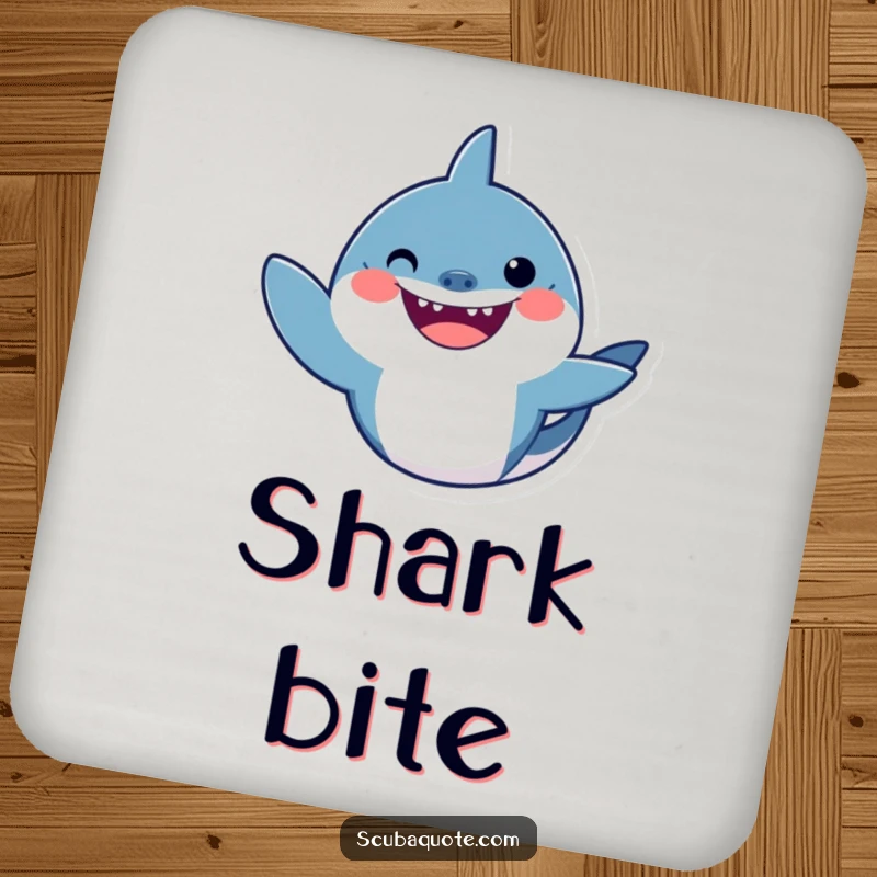 Funny shark drink coaster featuring a smiling shark waving hello, protecting furniture with ocean charm.
